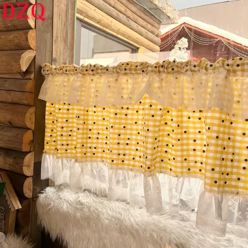 

American Countryside Yellow Daisy Short Curtain for Kitchen Lace Ruffle Edge Short Curtain for Living Room Coffee Curtains #A607