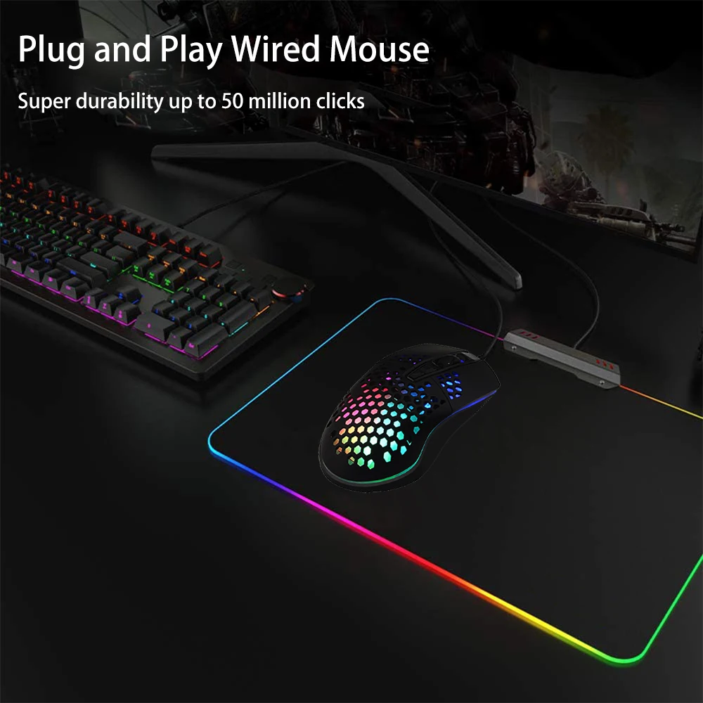 Mouse de jogo com fio, efeito de luz rgb, design leve, oco, à prova de suor, programação macro, jogo ou uso de escritório