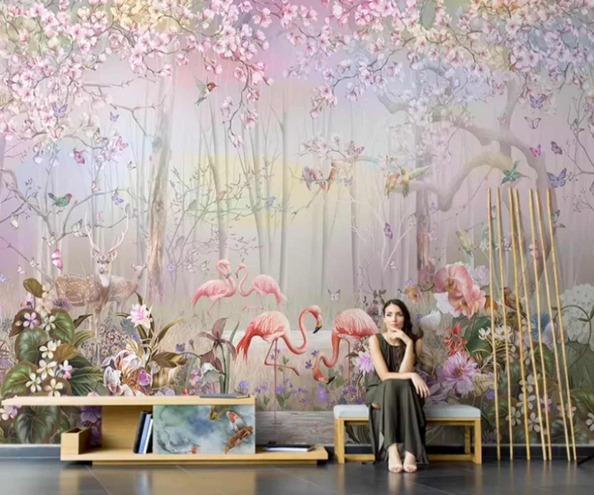 Customized wallpaper Nordic hand-painted elk flamingo dreamy forest mural living room TV background wall decoration wallpaper ﻿