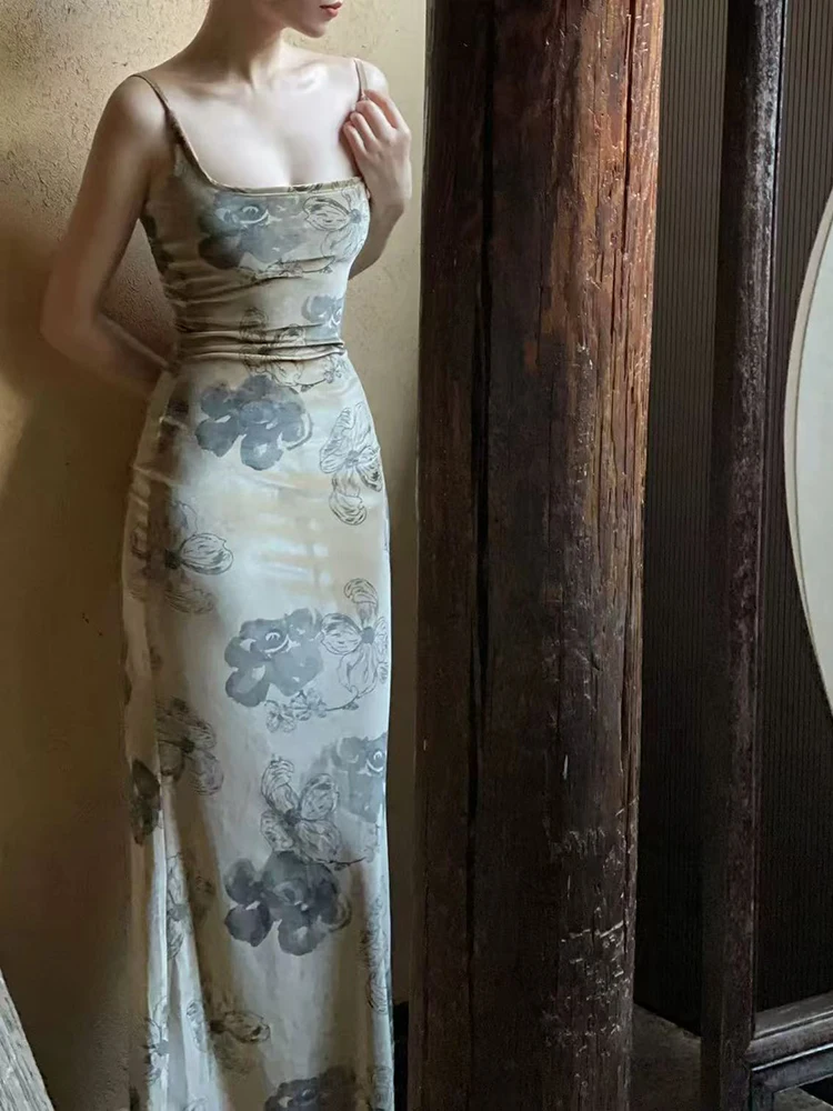 Sukienka midi w stylu retro z motywem malarstwa tuszem dla kobiet, koreańska elegancka aksamitna sukienka na ramiączkach, seksowna letnia sukienka Y2K z odkrytymi plecami i dekoltem w serek, nowe Vestidos