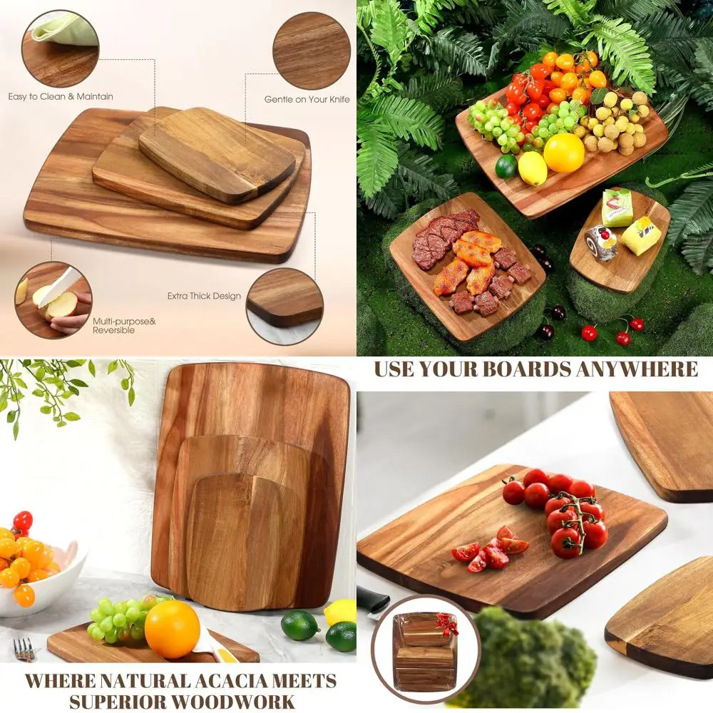 

Set of 12 Acacia Wood Double-Sided Chopping Boards for Kitchen, Reversible for Meat & Cheese, 3 Sizes Ideal for Christmas Meals