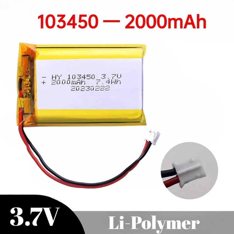 

103450 3.7V 2000mAh Polymer Lithium Rechargeable Battery jst PH 2.0mm 2pin plug for Camera GPS navigator MP5 Bluetooth Headset