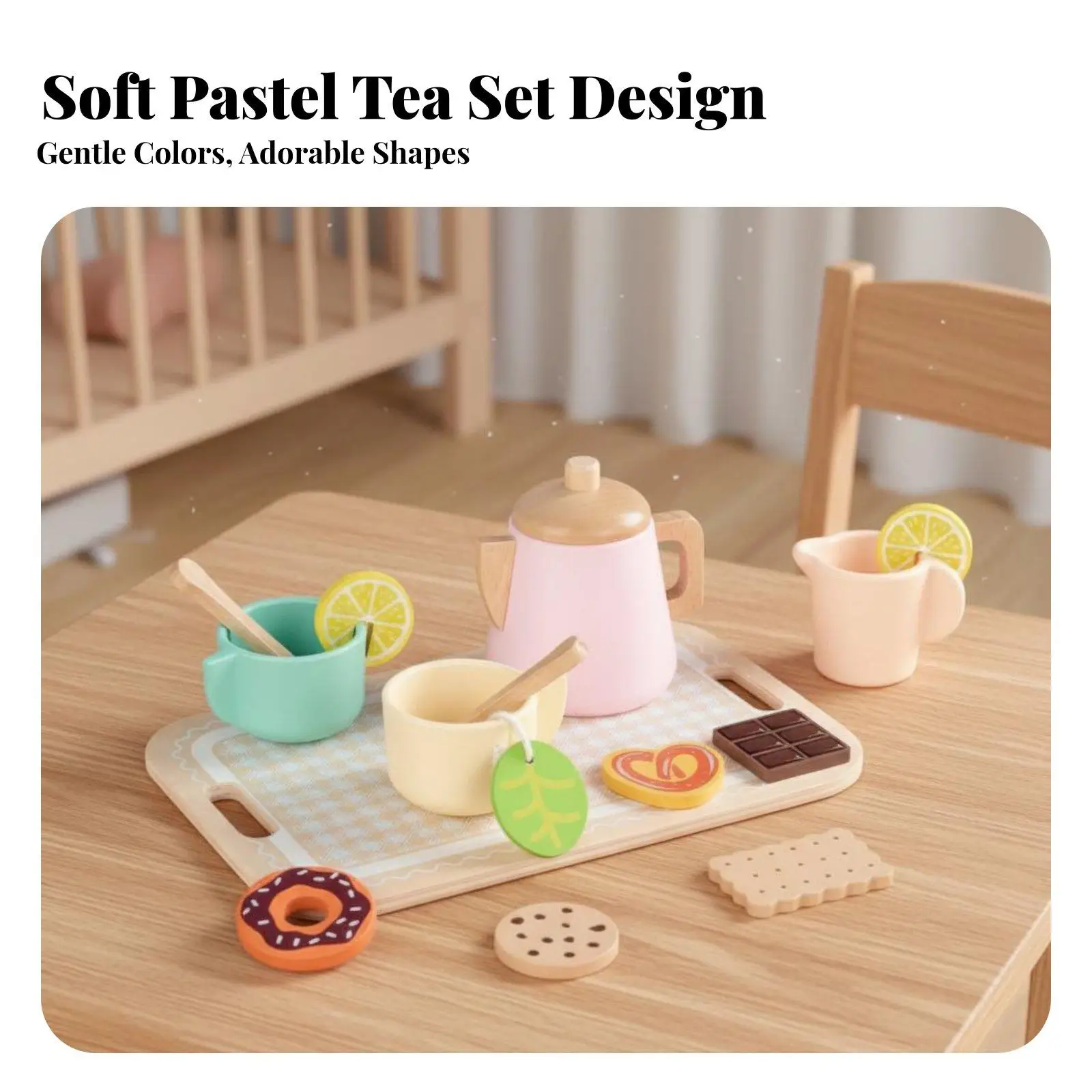 Miniature Wooden Furniture Tea Set for Dollhouse Fabric Toy Tableware Kids Pretend Play Kitchen Educational Toy with Lemon