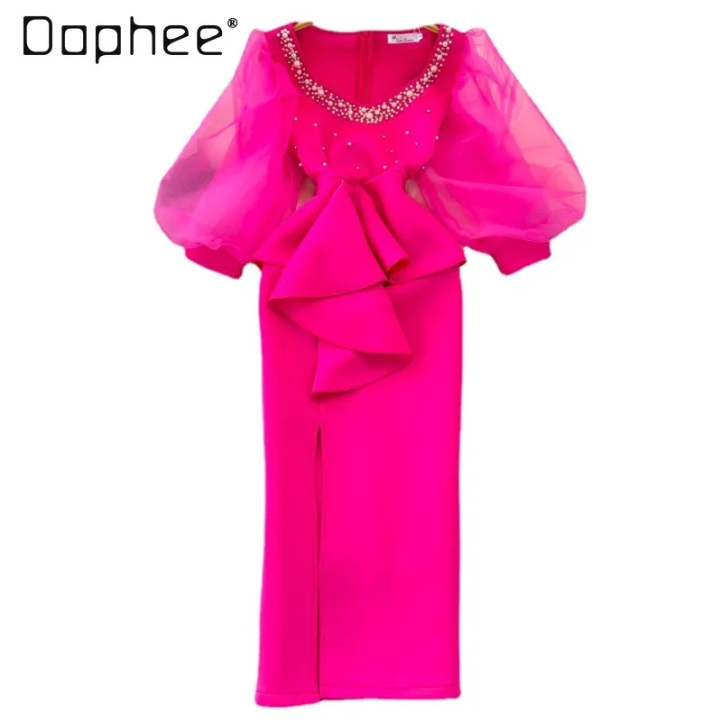 Socialite Women Rhinestones Dresses for Women Party 2024 New Woman Lantern Long Sleeve V-Neck Cinched Ruffled Split Sheath Dress