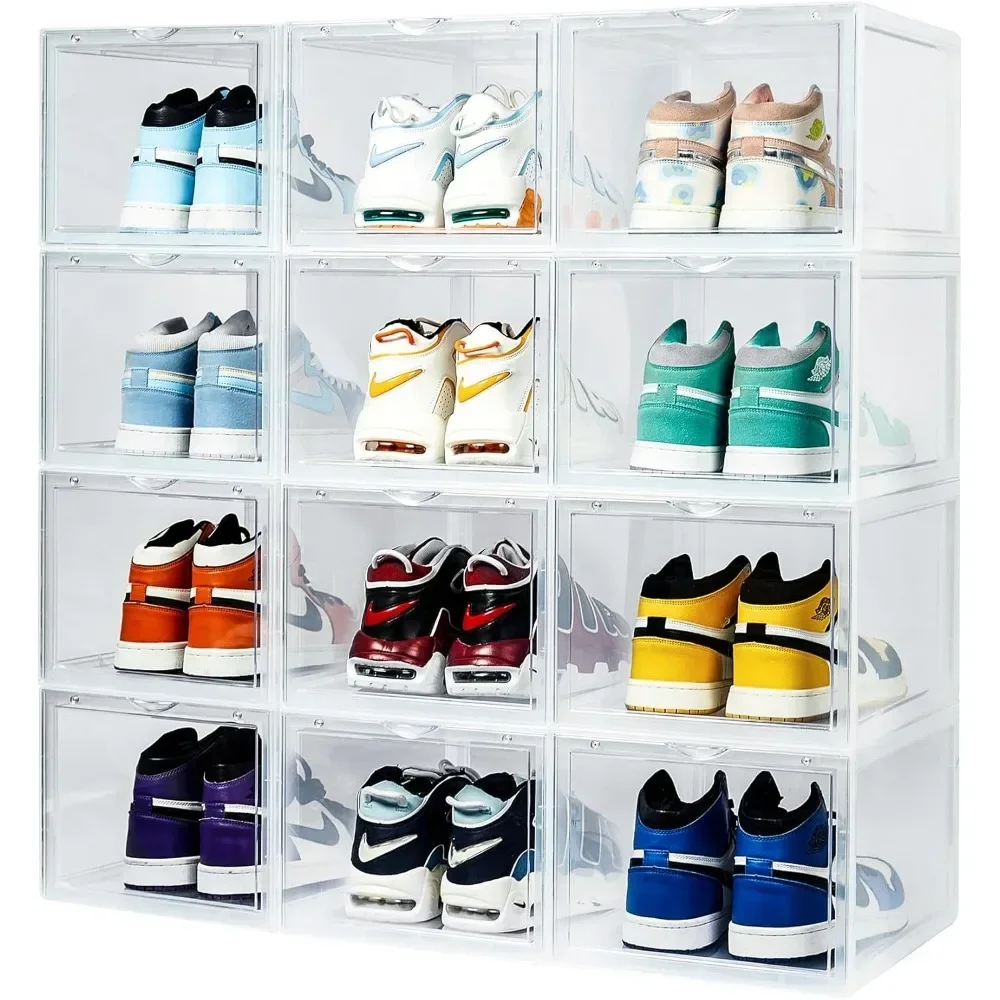 

Shoe Boxes Clear Plastic Stackable with Magnetic Door, Foldable Shoe Organizer, Shoe Storage Organizer with Lid