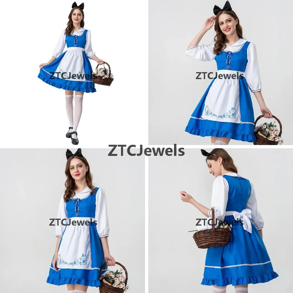 Disfraz de Cosplay de Camarera Azul y Blanco para Mujer, Vestido de Granjera, Disfraz de Halloween, Carnaval, Fiesta, Diseño con Tirantes, Conjunto de Ropa para Escenario