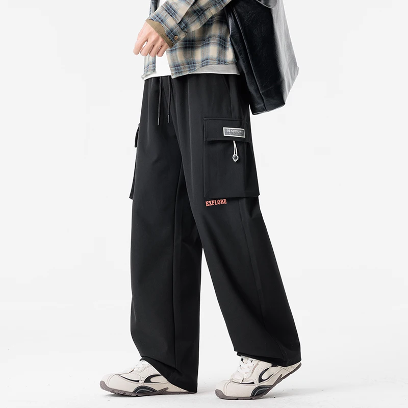 

Mens Sweatpants Straight Fit Joggers for Sports and Streetwear Loose Oversized Drawstring Long Pants Men Multi-pocket Pants