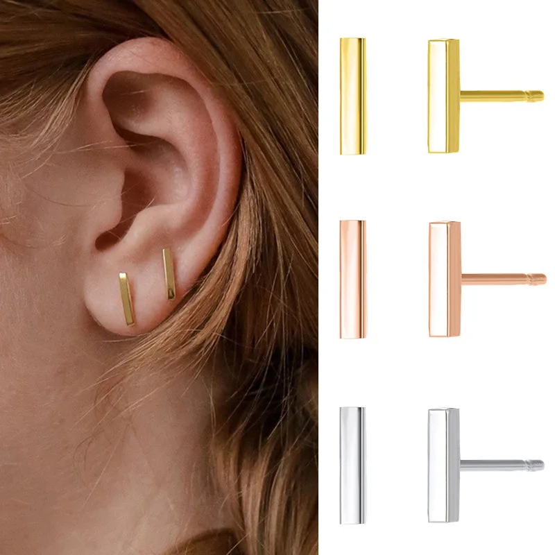 Gold Plated Minimalist Bar Stud Earrings Stainless Steel Simple Rectangle T‑ShapeDainty Women Daily Commute Fashion Jewelry Gift