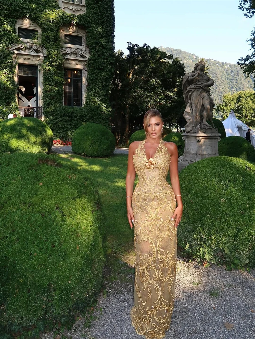 فساتين سهرة صفراء فاخرة مخصصة رائعة بدون أكمام فستان العودة للوطن فاخر سويب تراين فساتين المشاهير #1