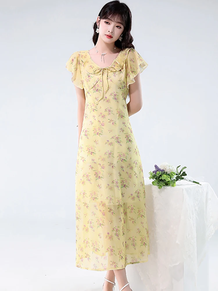 2025 Verde floreale in chiffon con fiocco colletto arricciato abito longuette estate Boho elegante abito intero donna coreano aderente abiti da festa