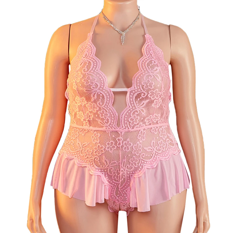 Plus Size 1XL-4XL Teddy perspective Sexy Lingerie Women Crotchless Deep V Lace Hollow Bodysuit Underwear Set Erotic Costumes