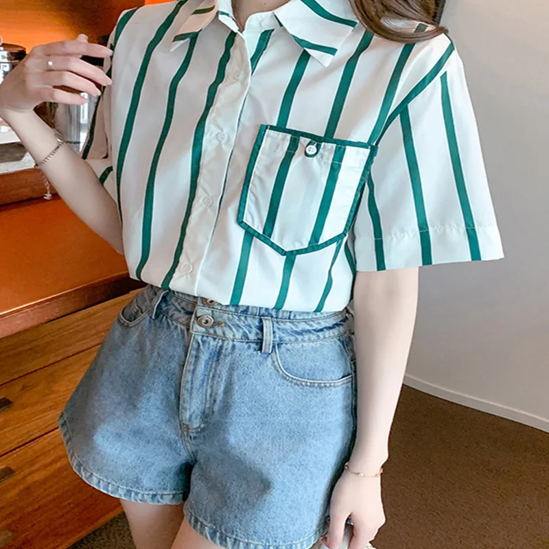 2024 New Summer Solid Color Print KPOP Fashion Style Chic Women's Shirt Office Lady Short Sleeve Shirt Collar Pocket Striped Top