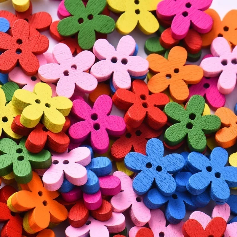 100 Uds. Botones decorativos de madera de flores mixtas de 2 agujeros adecuados para manualidades y clips de costura Multicolor 14x15mm - imagen 5