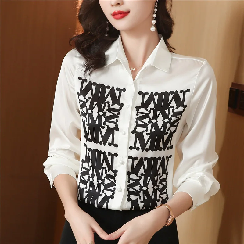 Women Chic Letter Printed Vintage Fashion Shirts Long Sleeve Loose Office Lady Temperament Commuting Blouse Spring All-match Top