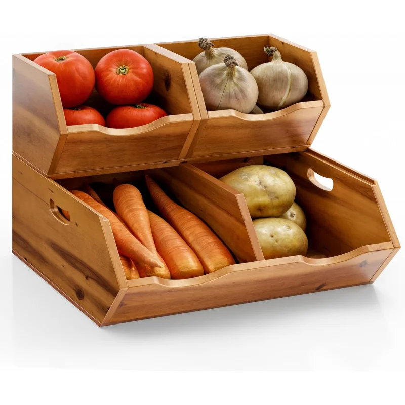 

Acacia Wood Potato & Onion Storage Bin (Patent Pending) - Natural Ventilated Pantry Basket, Stackable Vegetable Organizer