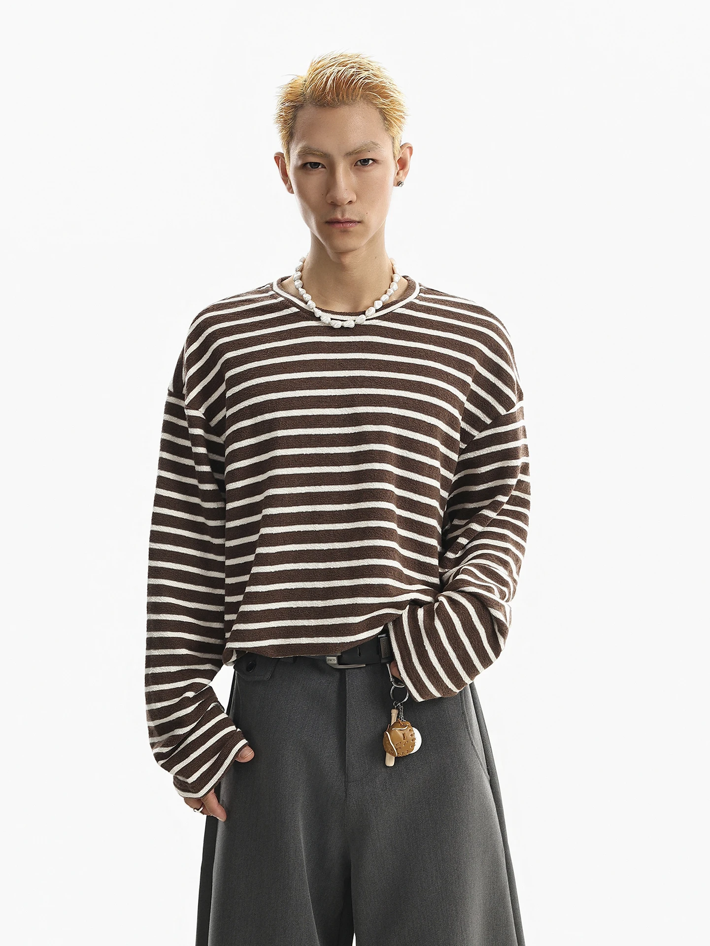 BETEBULE American Retro Striped Long Sleeve round Neck T-Shirt Men's Spring Loose Fit Stylish Lazy Top Youth Casual Wear
