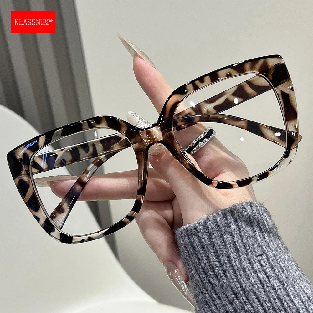 KLASSNUM Large Thick Frame Square Transparent Glasses Women Anti Blue Light Decorative Eyepiece Oversized Cat Eye Computer Lens
