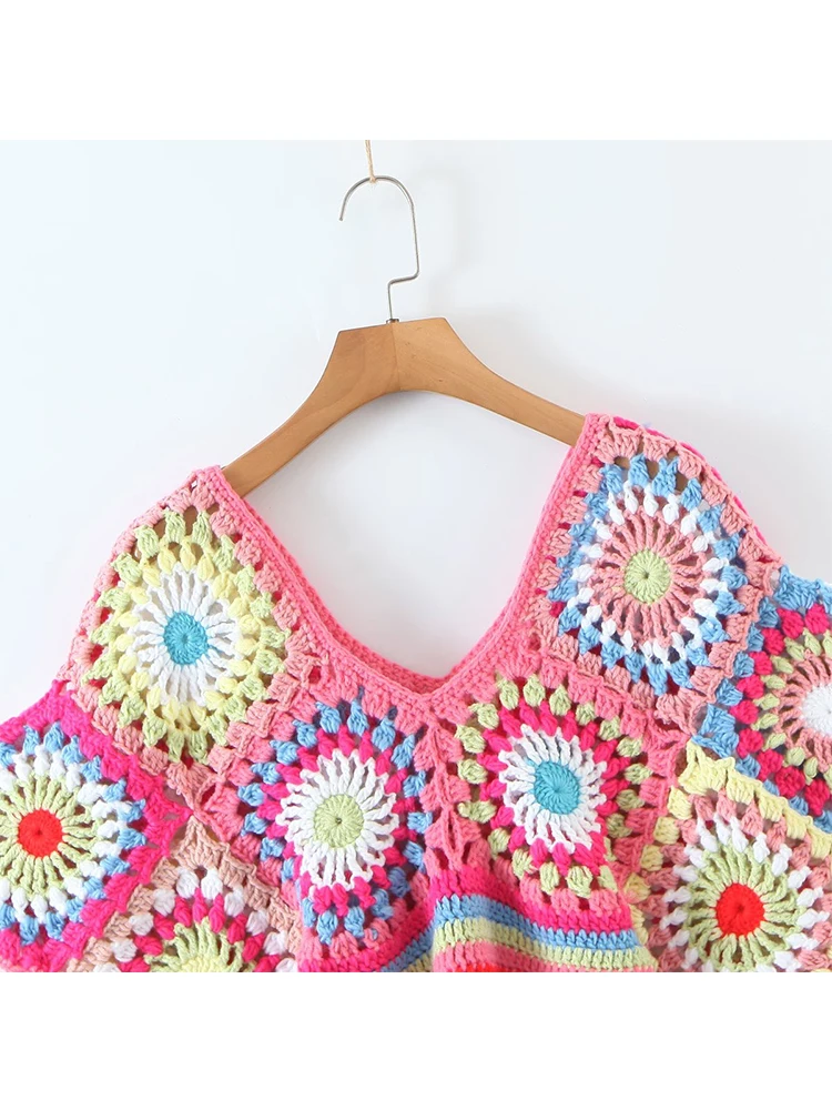 YENKYE 2022 Fashion Women Handmade Multicolor Crochet Boho Blouse Sexy Hollow Out Batwing Sleeve Female Summer Crop Top