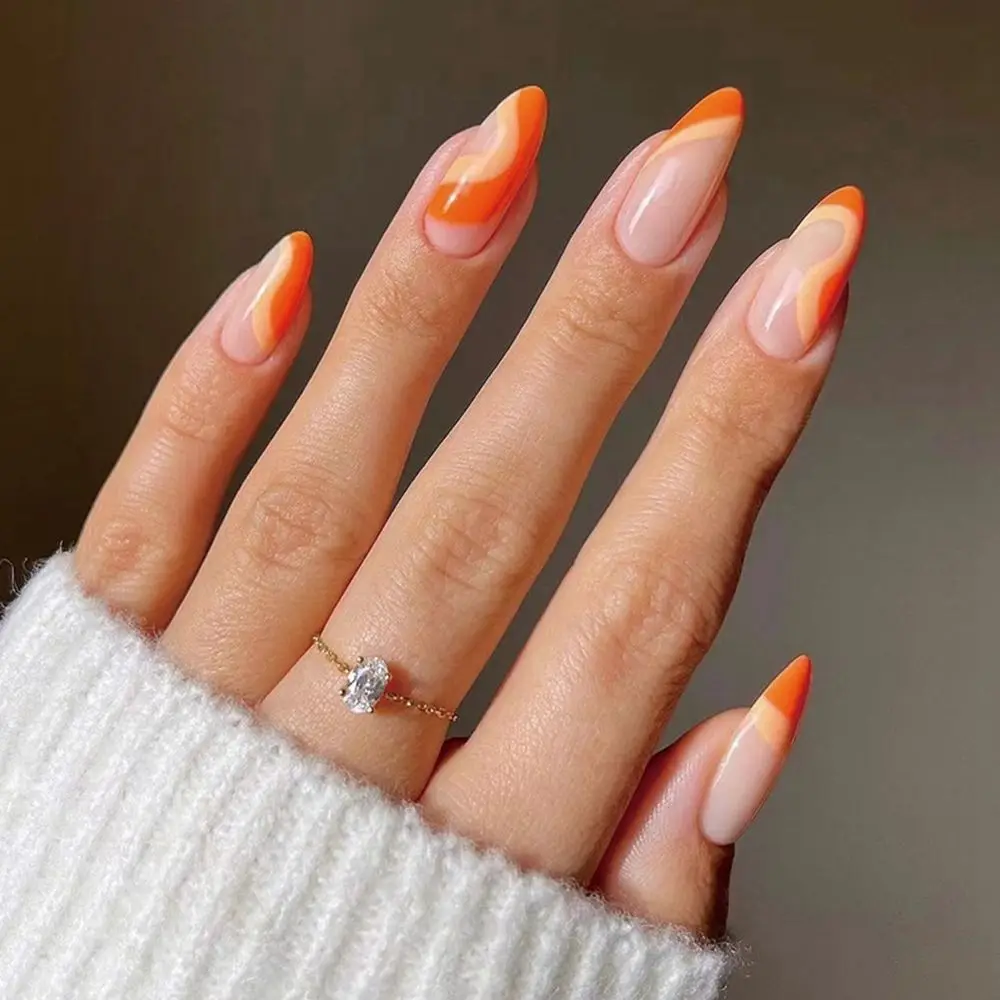 White Edged Cherry Pattern Almond False Nails Detachable French Stiletto Fake Nails Wearable Nail Tips Full Cover Manicure Tool