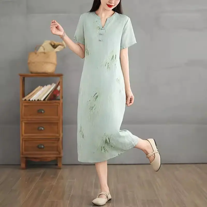 Cotton And Linen Printed Retro Style Dress 2024 Women's Summer Loose V-Neck Qipao Women's Mid Length Fashionable Clothes K1791