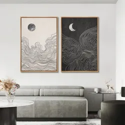 Neutral Boho Black White Sun Moon Abstract Poster Print Canvas Painting Modern Minimalist Wall Art Picture for Living Room Decor