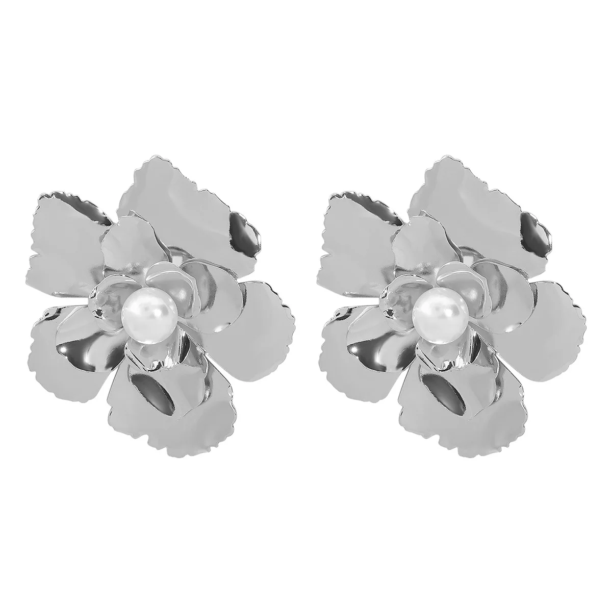 Luxury Shine Metal Flower Earrings Women Trend 2024 Pearl Jewelry Statement Fashion Party Holiday Accessories Gift