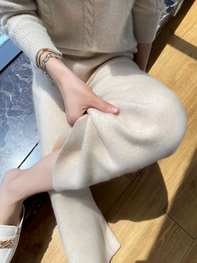 Pantalones de pierna ancha de lana para mujer, sueltos, otoño e invierno, corte recto, hasta el suelo, drapeados, de punto, informal, extendido...