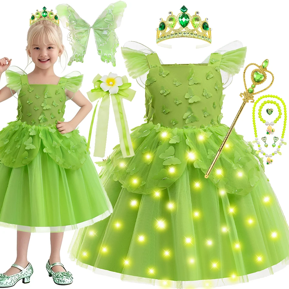 

Платье феи Тинкер Белл для девочек Диснея, летний зеленый эльф, карнавальный костюм, детский карнавальный наряд принцессы феи для ролевых игр на Хэллоуин
