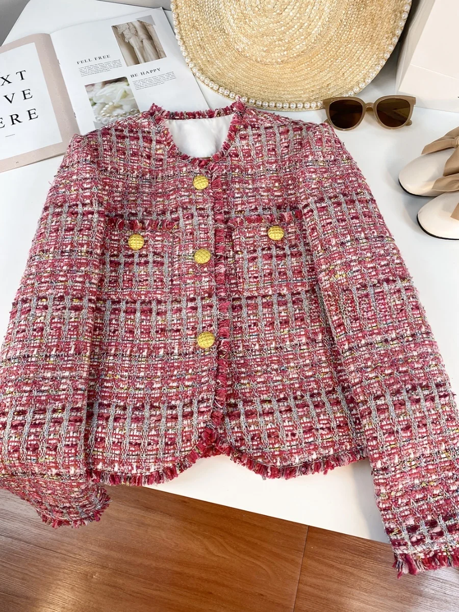 

Elegant Pink Tassel Short Coat Women's Spring 2024 New Design Sensation Suit Straight Cut Long Sleeve Button Detail