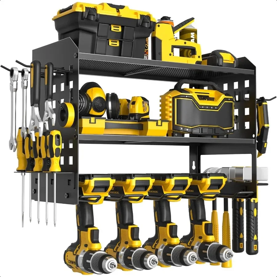 

Power Tool Organizer Drill Holder Wall Mount with 2 Side Pegboards with Hooks 3 Layer Garage Organization Heavy Duty Tool Organ