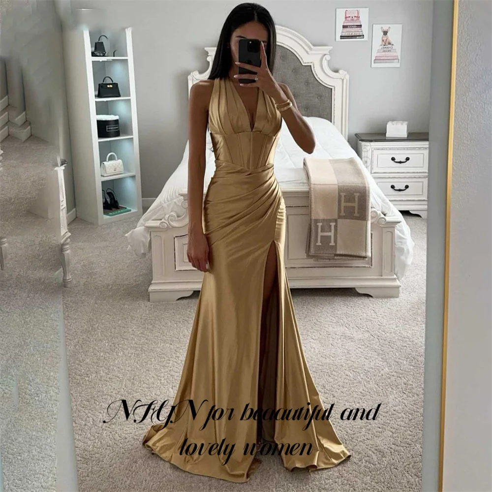 

NFYN Tank Champagne Prom Dress Stain Trumpet Celebrity Dress Pleats Women's Evening Dress Formal Gown with Slit 프롬 드레 Customized