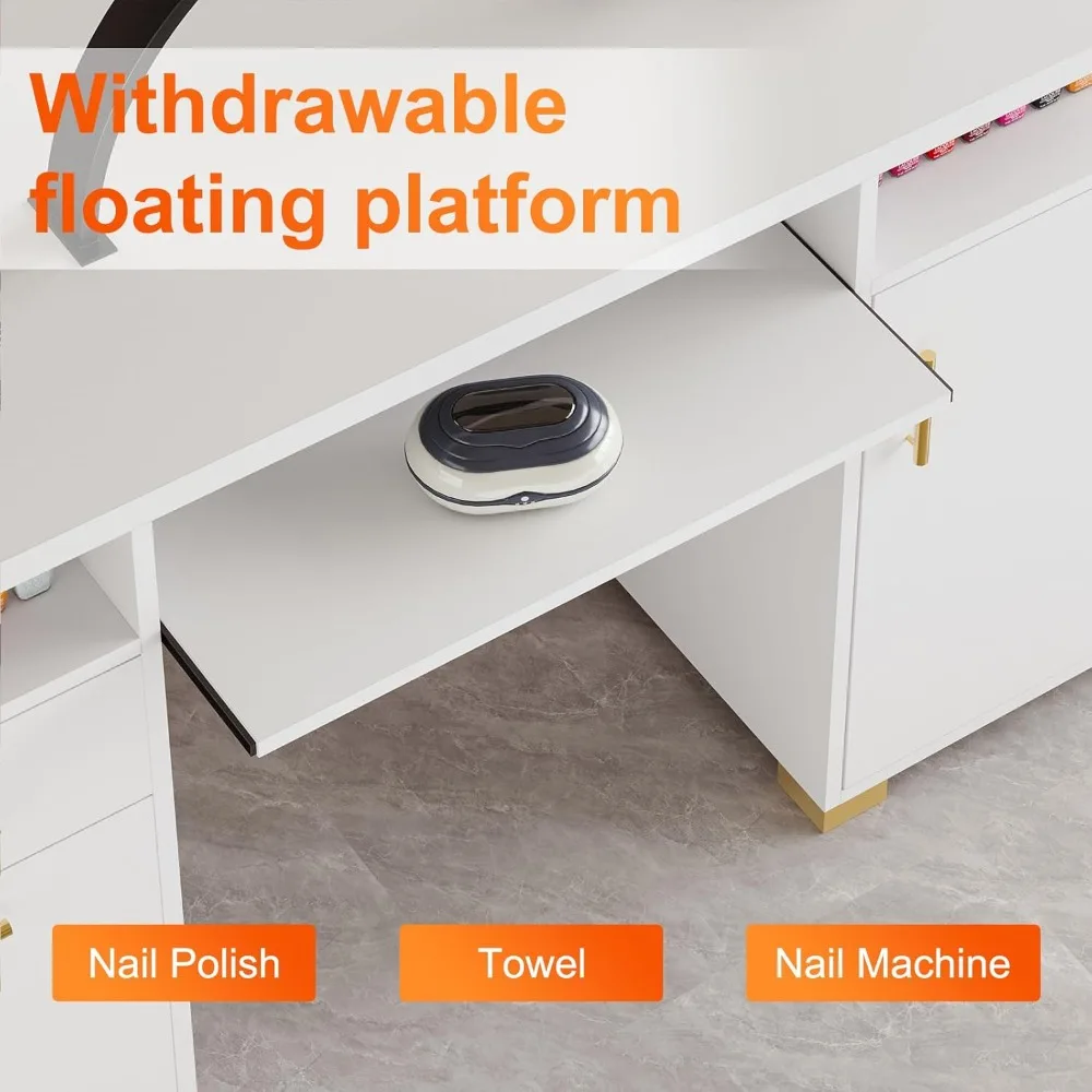 Mesa de manicure com 2 gavetas e armário, mesa de unhas branca e dourada de 55 polegadas para técnicos de unhas, prateleira móvel incluída