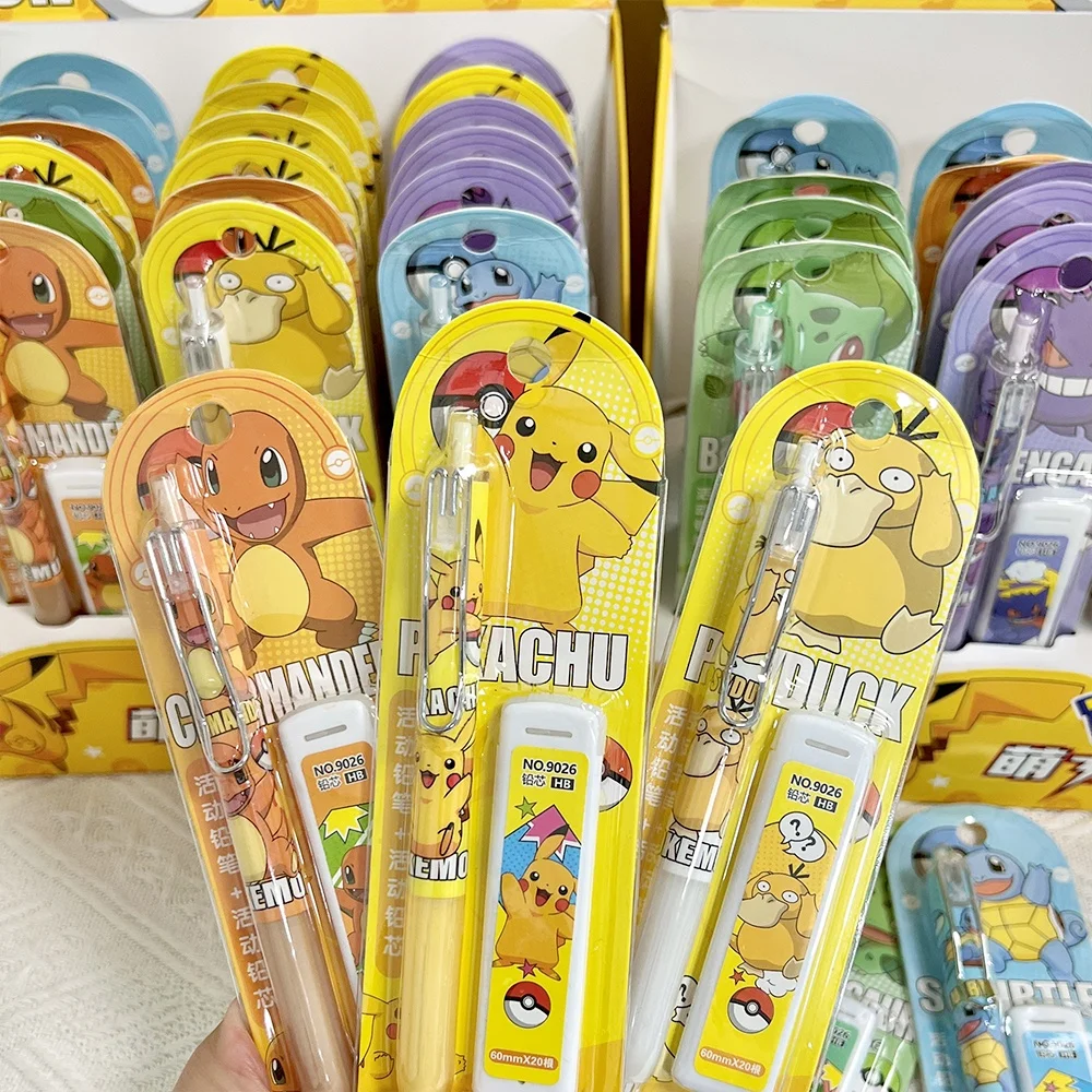 Pokemon Druckbleistift mit HB-Bleistiftminen Pikachu Charmander Squirtle Gengar Automatische Bleistifte Schulbedarf für Schüler