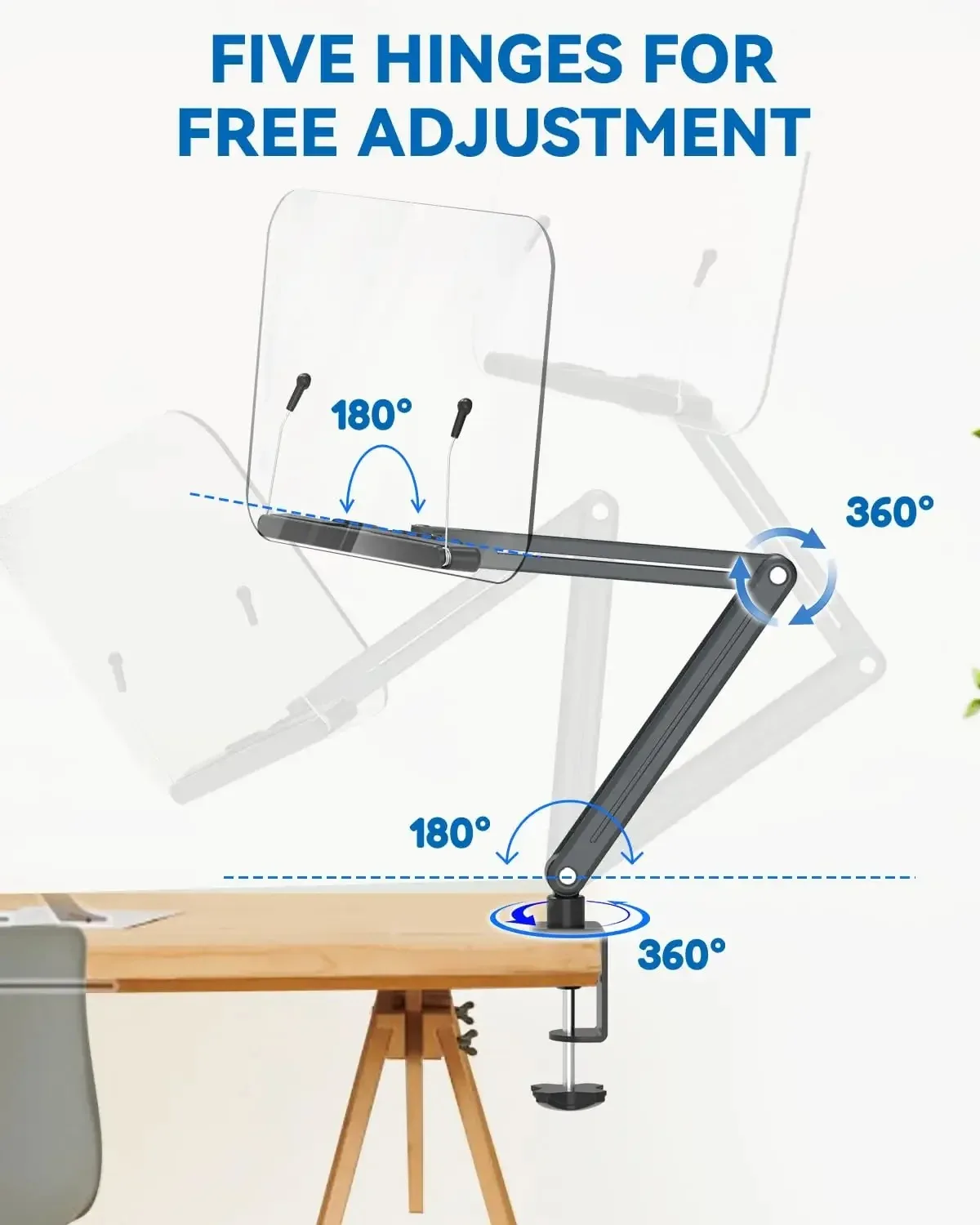 Suporte de livro braçadeira de mesa suporte de livro acrílico para leitura, altura ajustável de até 20 polegadas, adequado para receita, tablet