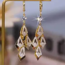 Super Sparkling Rhombus Zircon Golden Tassel Earrings For Women Fashion Personalized Daily Accessory Party Jewelry Birthday Gift