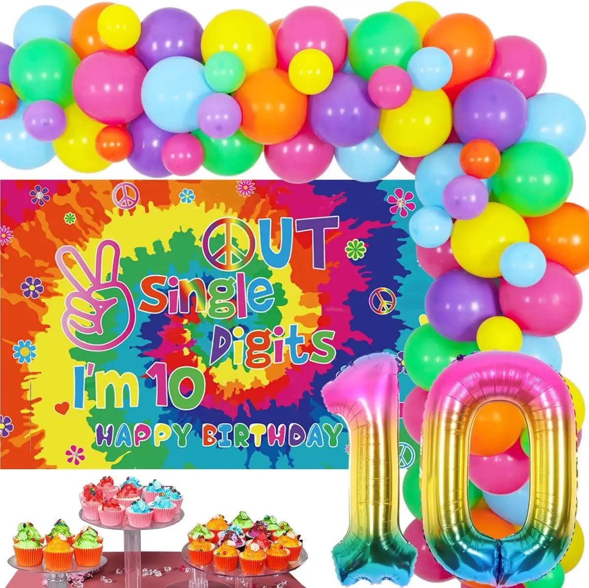 

Tie Dye 10th Birthday Decorations for Girls Peace Out Single Digits Backdrop Hippie Theme Party Decorations Balloon Garland Kit