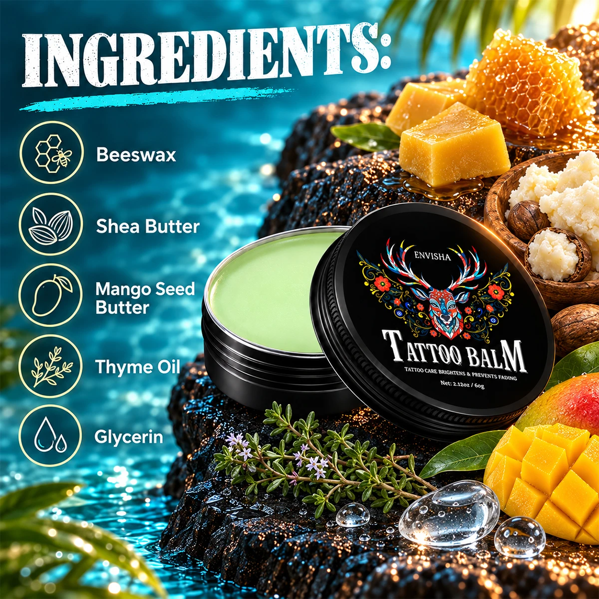 Tattoo-Hautpflege-Balsam-Creme, tiefenwirksam feuchtigkeitsspendend und nährend, für die Anwendung nach dem Tätowieren, hellt auf, sorgt für eine langanhaltende Farbfixierung, reizt nicht. – Detail 7