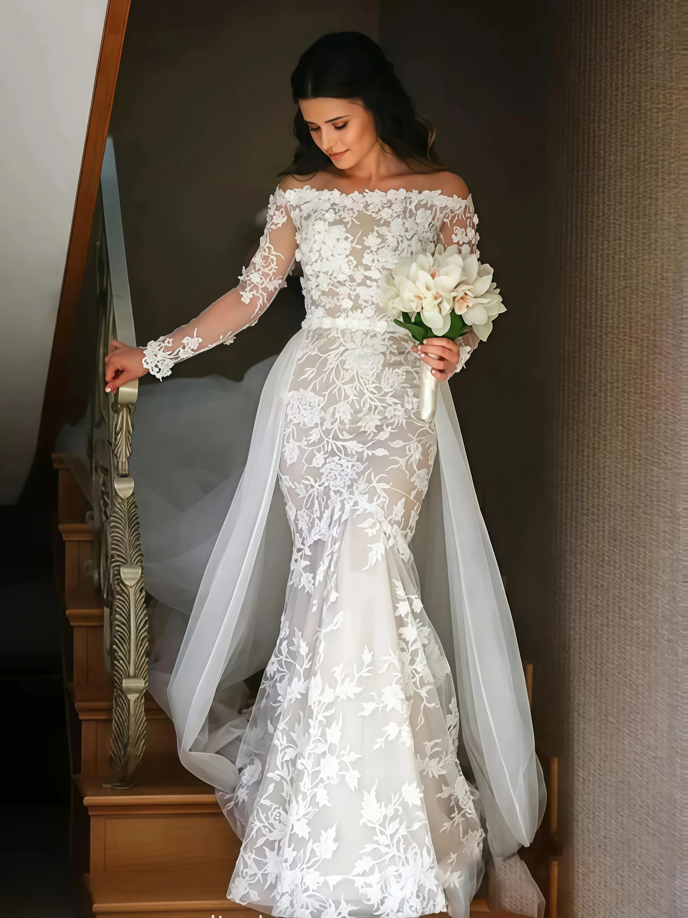 Customized Appliques Crystal Long Sleeves Wedding Dress Mermaid Floor Length Detachable Sweep Train Bridal Gown