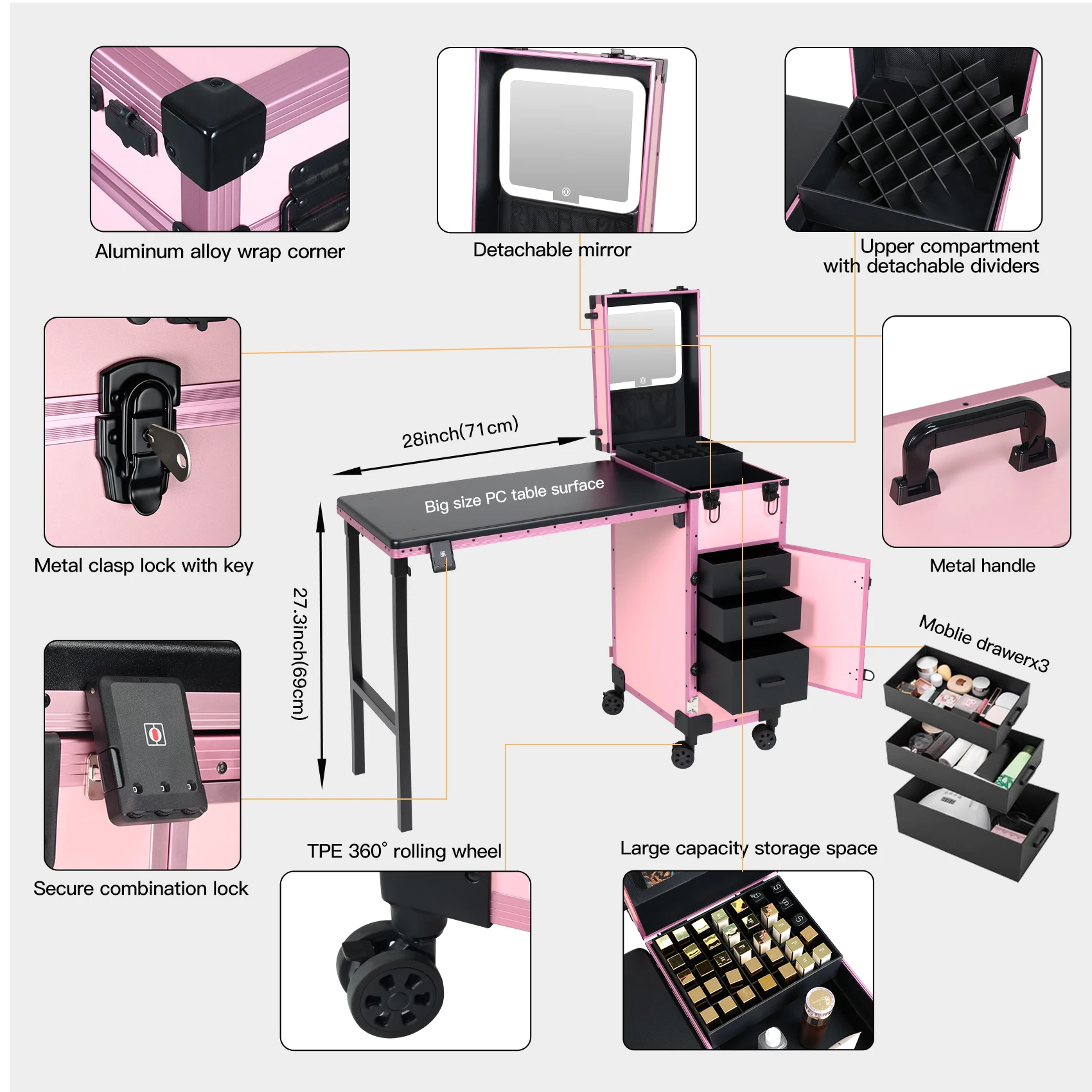 Obox Cosmetic Nail Table With Lighted Mirror Changed Colors Manicure Desk With Drawer Makeup Case For Salon Studio