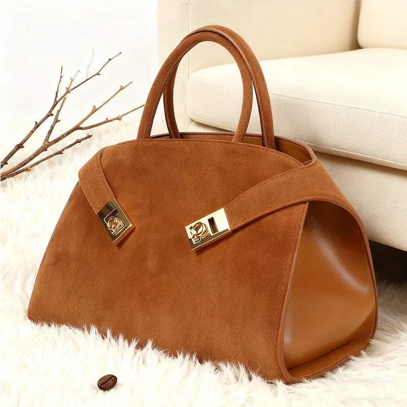 

Niche Light Luxury Matte Leather Large-capacity Cowhide Women's Handbag Brown Suede Tote Shoulder Bag Commuter Leisure Versatile