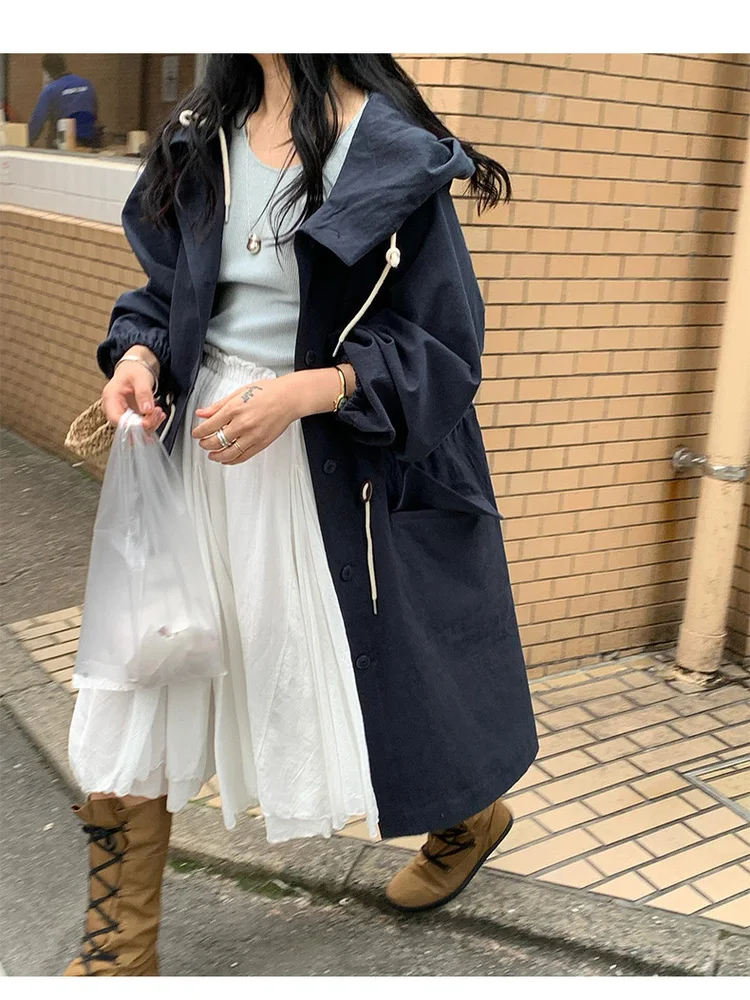 المرأة فضفاضة تناسب مقنعين Jaet معطف الرجعية Dongda بوابة الخصر Cinching ملابس العمل غير رسمية Sle طويلة Sve منتصف طول زر واحد #4