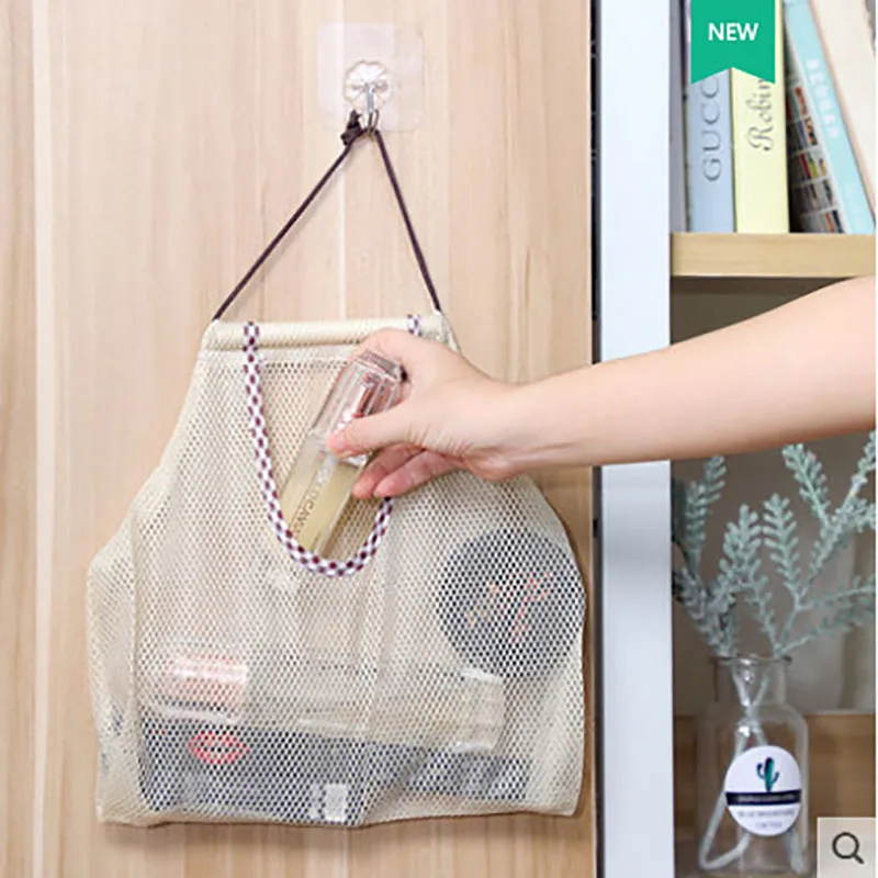 1pc Household Hanging Beige Onion and Garlic Storage Bag, Fruit Wall Mesh Bag, Kitchen Vegetable Storage Mesh Bag