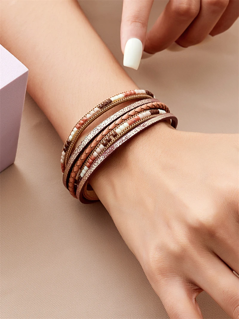 Böhmische Vintage mehr schicht ige Leder armbänder für Frauen hand gefertigte gewebte Leder breite Magnet verschluss Herren Armreif Modeschmuck – Detail 13