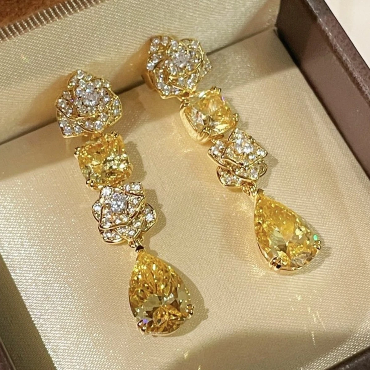 

BELLUX 925 Silver Plated 18K Gold Synthetic Zircon French Yellow Rose Water Drop Earrings Removable Two Ways Wear Earrings