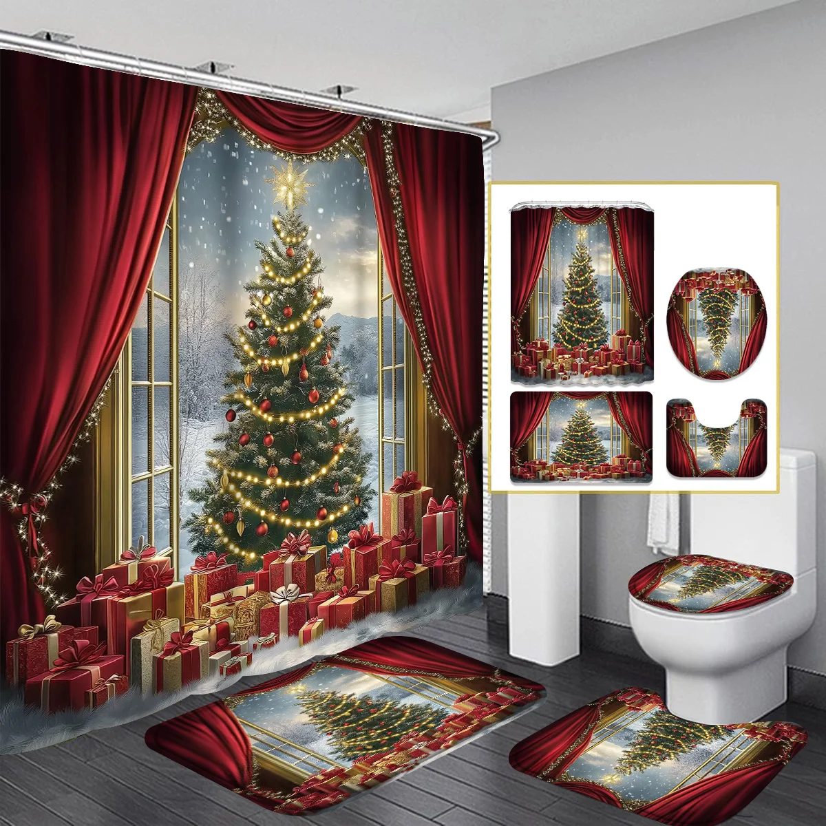 

Рождественский зимний набор для ванной из 4 предметов, занавеска для снежной сцены дерева, нескользящий коврик для ванной, U-образная крышка для унитаза, 12 крючков в комплекте