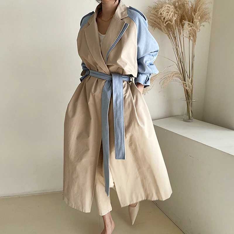 

Chic Autumnal Vintage Long Waist-Cinching Trench Coat Women's Faion Patchwork Color Blo Design Belted Stand Collar Coat
