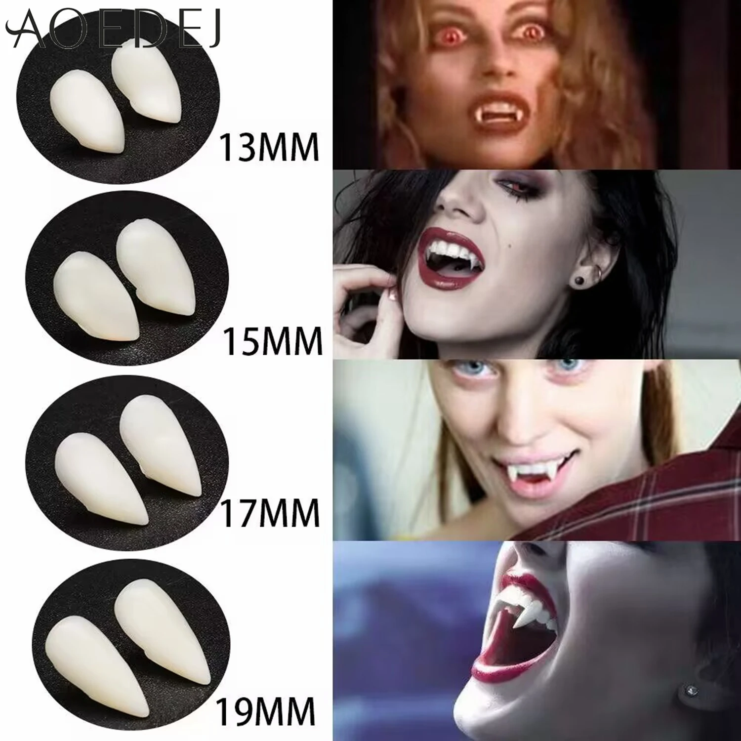 AOEDEJ, 1 par, 13/15/17/19MM, colmillos de vampiro para Halloween, dentaduras postizas de resina, dientes de vampiro para hombres y mujeres, accesorios para fiesta de Cosplay, colmillos, regalos