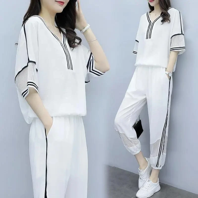 2022 Summer New V-Neck T-Shirt Casual Elastic Waist Sports Pant Suit Female Loose Size 5XL Fashion Two-Piece Sets White