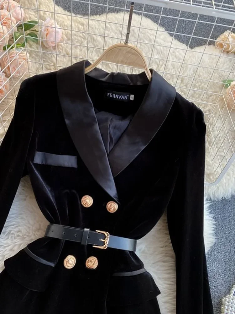 Blazer de terciopelo negro para mujer, chaqueta de manga larga con doble botonadura y muescas, traje ajustado con cinturón, ropa de oficina, Otoño e Invierno