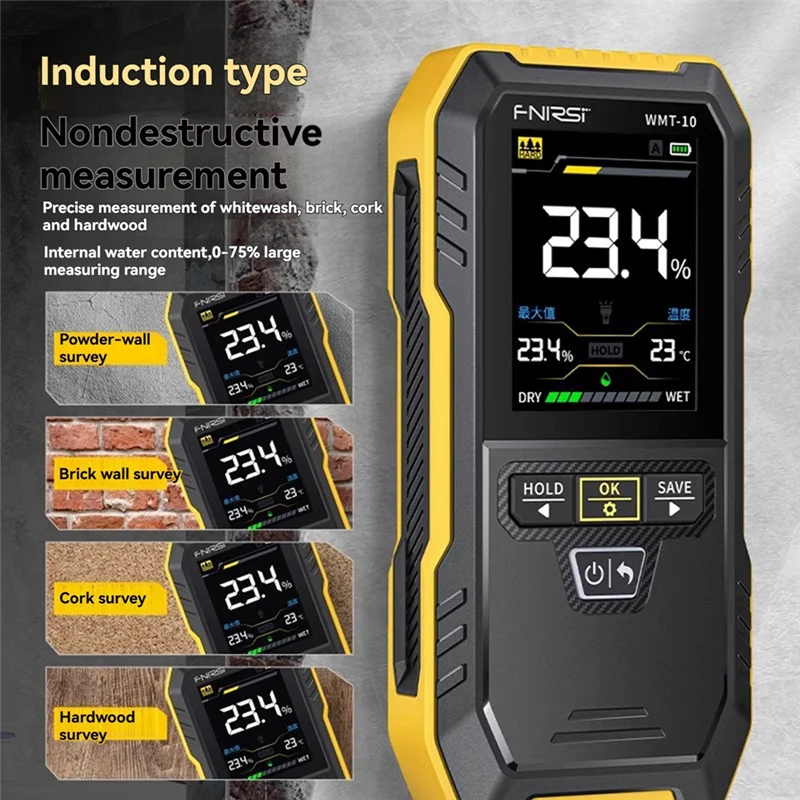 ABDE-WMT-10 مقياس الرطوبة الخشبي الاستقرائي عدم الاتصال الأخشاب الرطبة الجدار كاشف جهاز اختبار الرطوبة غير المدمرة
